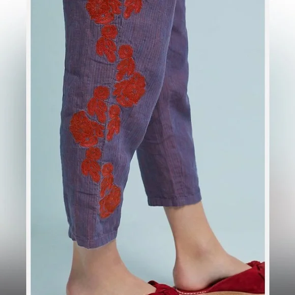 Anthropologie Purple Cropped Embroidered Linen Pants - Picture 3 of 10